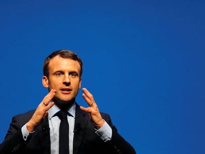Emmanuel Macron, candidato a presidente da França, durante comício nos arredores de Bordeaux.
