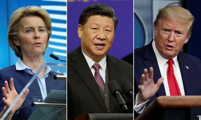 De izquierda a derecha,  Ursula Von der Leyen, Xi Jinping, y Donald Trump.