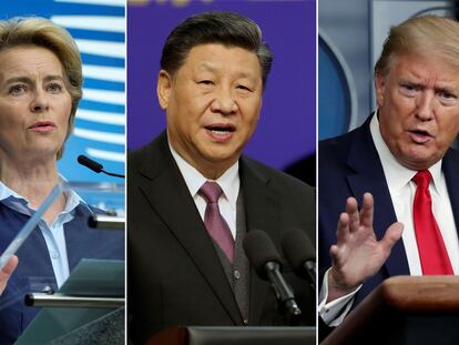 De izquierda a derecha,  Ursula Von der Leyen, Xi Jinping, y Donald Trump.