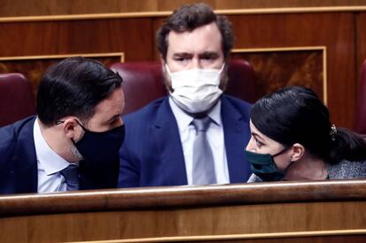 Santiago Abascal (izquierda), Iván Espinosa de los Monteros (centro) y la diputada Macarena Olona, este jueves en el Congreso.