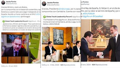 Tuits de Jacobo Pombo con imágenes del exministro José Luis Ábalos, la presidenta de Cantabria, María José de Buruaga, y el Rey.