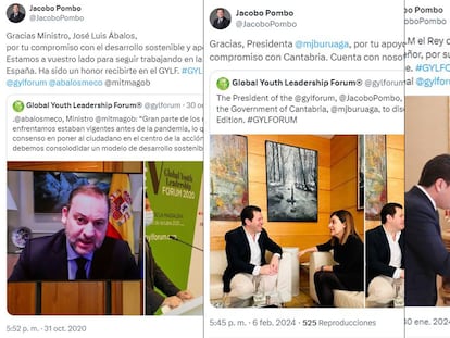 Tuits de Jacobo Pombo con imágenes del exministro José Luis Ábalos, la presidenta de Cantabria, María José de Buruaga, y el Rey.