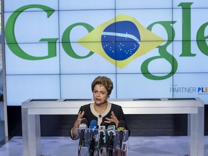 Dilma Rousseff discursa na sede do Google, em S&atilde;o Francisco, no &uacute;ltimo dia da viagem aos Estados Unidos.