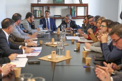 El secretario de Estado de Medio Ambiente, Hugo Morán (en el centro, a la derecha), acompañado del delegado del Gobierno en Andalucía, Pedro Fernández, durante la reunión con los 14 alcaldes del entorno de Doñana, esta mañana en Sevilla.