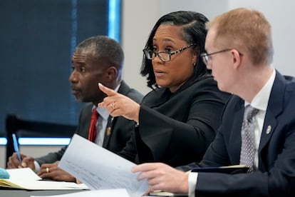 Fulton County District Attorney Fani Willis speaks in court in the Fulton county courthouse, Tuesday, July 11, 2023, in Atlanta.