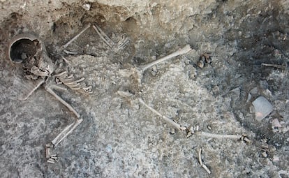 Esqueleto infantil hallado en el yacimiento de Libisosa (Albacete).
