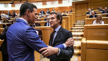 Pedro Sánchez y Alberto Núñez Feijóo, en la sesión de control en el Senado, el pasado 7 de junio.