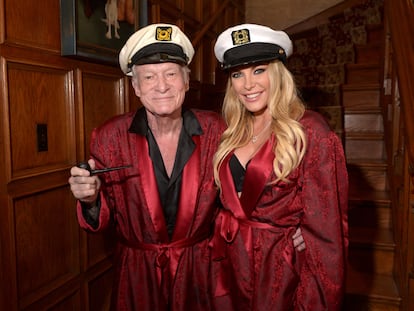 Hugh and Crystal Hefner at the Playboy Mansion Halloween party in October 2014.