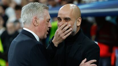 Pep Guardiola y Carlo Ancelotti en el partido de champions league manchester city vs real madrid