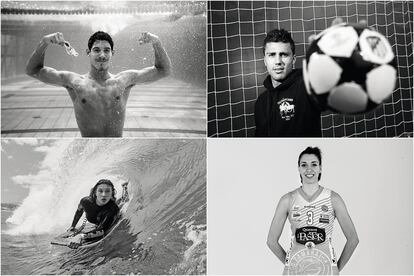 De izda. a dcha., de arriba abajo, Hugo González, una de las promesas de la natación española; Rodrigo Hernández, centrocampista del Atlético de Madrid; Alexandra Rinder, campeona del mundo más joven de la historia del bodyboard; Laura Quevedo, jugadora de baloncesto del Club Deportivo Zamarat de Zamora.