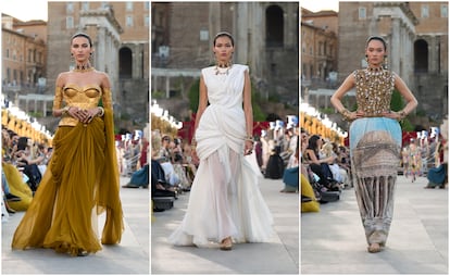 Tres de las propuestas de la nueva colección de Alta Moda de Dolce & Gabbana, presentada en Roma.