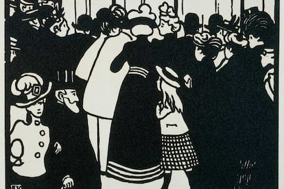 Con esta viñeta llamada ‘La vitrina de Lalique’, el dibujante Félix Vallotton dejó constancia de la expectación que generó las joyas de Lalique en la Exposición Universal de 1900.