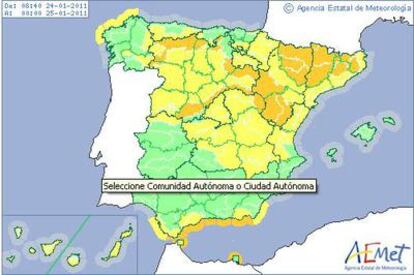 Mapa de alertas en España para este lunes