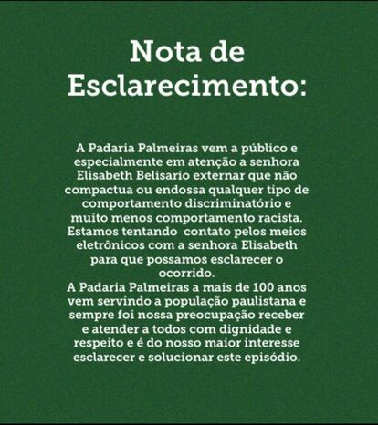 Padaria Palmeiras afirmou, em nota, ter tentado contato com Beth Beli.