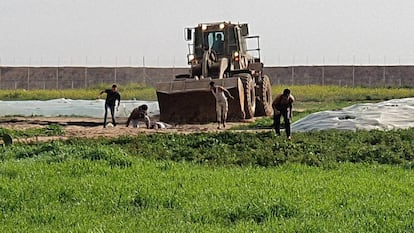 Una excavadora recoge el cadáver de un palestino abatido por el Ejército israelí el pasado domingo en Gaza.