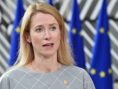 La primera ministra estonia, Kaja Kallas, en una comparecencia ante los medios en una cumbre de la Unión Europea en Bruselas, el 23 de junio.