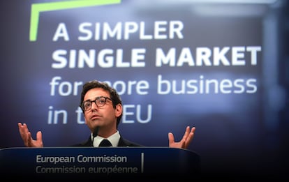 El vicepresidente y comisario de Properidad y Estrategia Industrial de la Comisión Europea, Stéphane Séjourné, este miércoles en Bruselas.