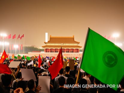 Manifestantes en la plaza Tiananmén generados por la API (puente que permite acceder directamente a la aplicación) de la empresa china DeepSeek.