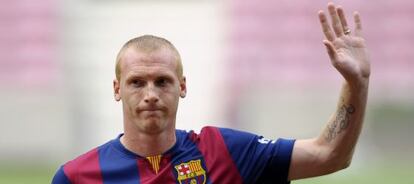 Mathieu, durante su presentación con el Barcelona