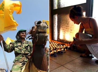 A la izquierda, un miliciano de Hezbolá durante la celebración por la liberación de los presos libaneses. A la derecha, una chica deposita una vela en la puerta de la casa de la familia Regev.