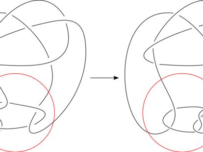 El nudo de Conway (derecha) y el nudo de Kinoshita-Terasaka (izquierda) son mutantes, es decir, uno puede obtenerse a partir del otro girando el círculo rojo.