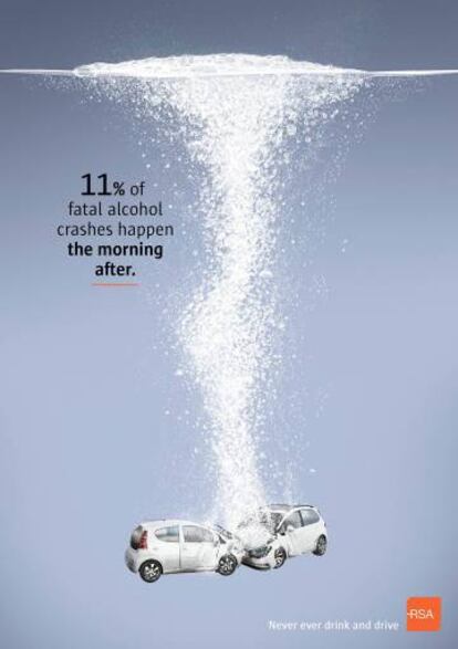 Analgésico Alka Seltzer. "El 11% de los accidentes fatales causados por el alcohol suceden a la mañana siguiente. Nunca bebas y conduzcas". Agencia BBDO, Irlanda