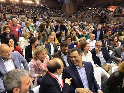 Iceta i Sánchez en l'acte de campanya de Vall d'Hebron.