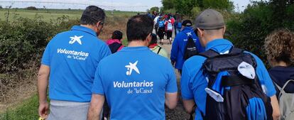 Voluntarios de La Caixa participan en una actividad en la vía verde de la Jara, en Toledo. 