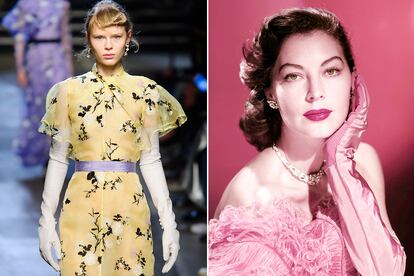 Erdem primavera-verano 2018 e imagen de Ava Gardner con guantes de ópera rosas.