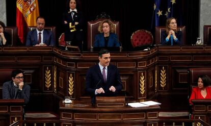 El presidente del Gobierno en funciones, Pedro Sánchez, durante su intervención en la Cámara baja.