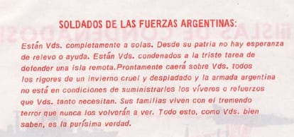 Mensaje elaborado por el GEP para las tropas argentinas en Malvinas.