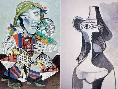 A la izquierda, <i>Maya con muñeca</i>, un óleo de 1939; a la derecha, un retrato de Jacqueline datado en 1961.