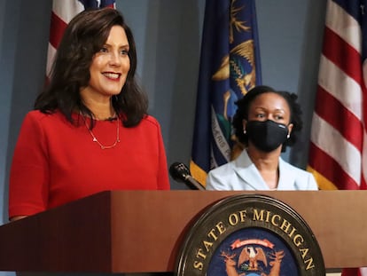 La gobernadora demócrata Gretchen Whitmer en un discurso en Lansing, el 16 de septiembre.