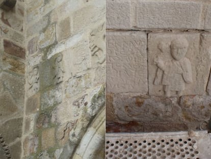 Detalle del relieve 'Herrero, la inscripcion y san Pedro' en la iglesia de San Cipriano antes de la restauración y después a falta de rejuntar.