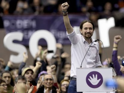 Pablo Iglesias, do Podemos, em Barcelona neste domingo.