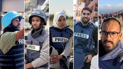 Desde la izquierda, Hussam al Masri, Mohammad Salama, Mariam Abu Dagga, Moaz Abu Taha y Ahmed Abu Aziz.