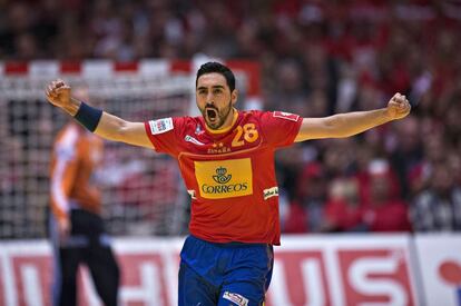 Valero Rivera celebra un gol conseguido en el partido de semifinales entre España y Francia.