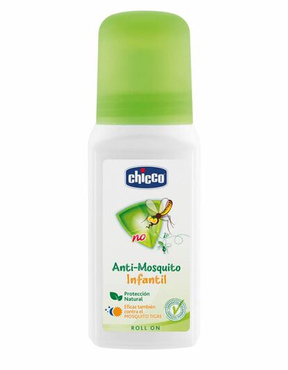 Antimosquitos infantil de Chicco. Funciona contra el mosquito común y el mosquito tigre. No contiene parabenos ni alcohol. Pensado especialmente para niños y bebés (7 euros aproximadamente).