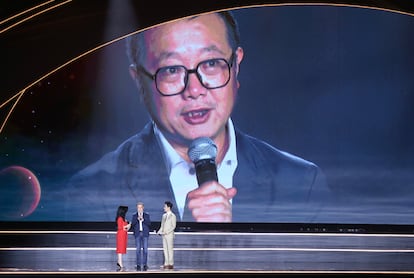 Liu Cixin en la Convención Mundial de Ciencia Ficción en octubre de 2023 en Chengdu.