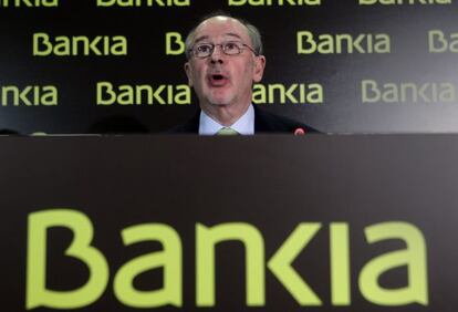 El presidente de Bankia, Rodrigo Rato, en la presentaci&oacute;n de resultados de la entidad.