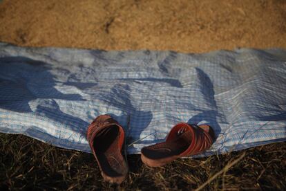 Sandalias de un agricultor, durante la separación del arroz.