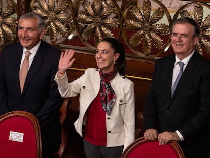 Adán Augusto López, Claudia Sheinbaum y Marcelo Ebrard, en agosto de 2022.