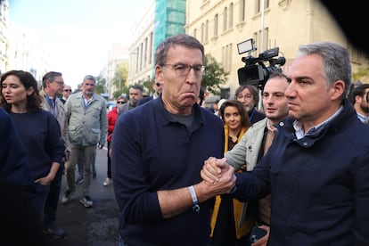 El líder del PP, Alberto Núñez Feijóo, saluda a Elías Bendodo, coordinador general del partido, a su llegada a la manifestación contra la amnistía, celebrada este sábado en Madrid. 