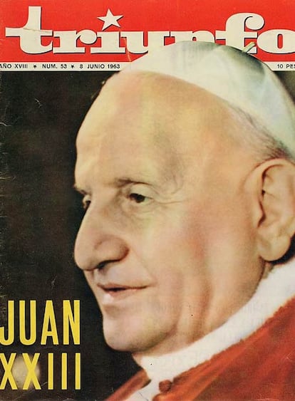 La página permite consultar la hemeroteca desde la salida de la revista en 1962 hasta 1976. La consulta puede hacer por números, por fechas o por autores. En la imagen, portada de la revista con motivo de la muerte del Papa Juan XXIII.