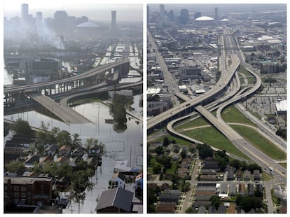 El 29 de agosto de 2005, hace diez años este sábado, los diques de Nueva Orleans (Luisiana), en el sureste de Estados Unidos, se rompieron. No soportaron la crecida del agua por el impacto del huracán Katrina. El impacto del Katrina transformó la ciudad. En la imagen, vista aérea de Mid City y Palmetto, en agosto de 2005 y julio de 2015.