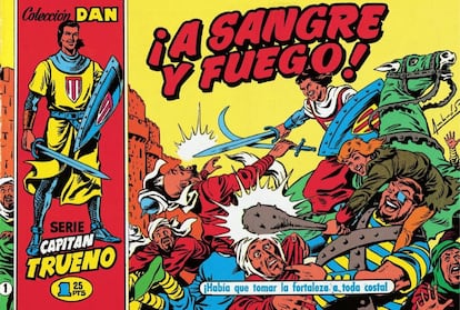 El Capitán Trueno golpea con su espada a los enemigos, en la portada de una reedición del primer número de 'El Capitán Trueno', serie creada en 1956 por el guionista Víctor Mora y el dibujante Miguel Ambrosio Zaragoza 'Ambrós'.