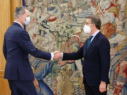 El rey Felipe VI durante la recepción en audiencia al presidente del Partido Popular, Alberto Núñez Feijóo, este miércoles en el Palacio de la Zarzuela.