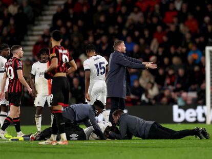 El entrenador del Luton, Rob Edwards, gesticula mientras los médicos atienden a Tom Lockyer, este sábado en Bournemouth.