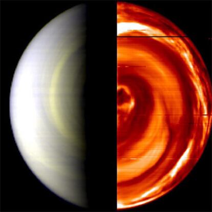 Imagen distribuida por la Agencia Europea del Espacio que muestra el Polo Sur de Venus, nunca fotografiado hasta ahora. Las imágenes han sido capturadas a través de los instrumentos que lleva a bordo la nave <i>Venus Express</i>, que se encuentra en la órbita del planeta desde el 11 de abril.