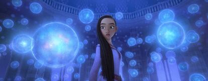 This image released by Disney shows Asha, voiced by Ariana DeBose, in a scene from the animated film "Wish."